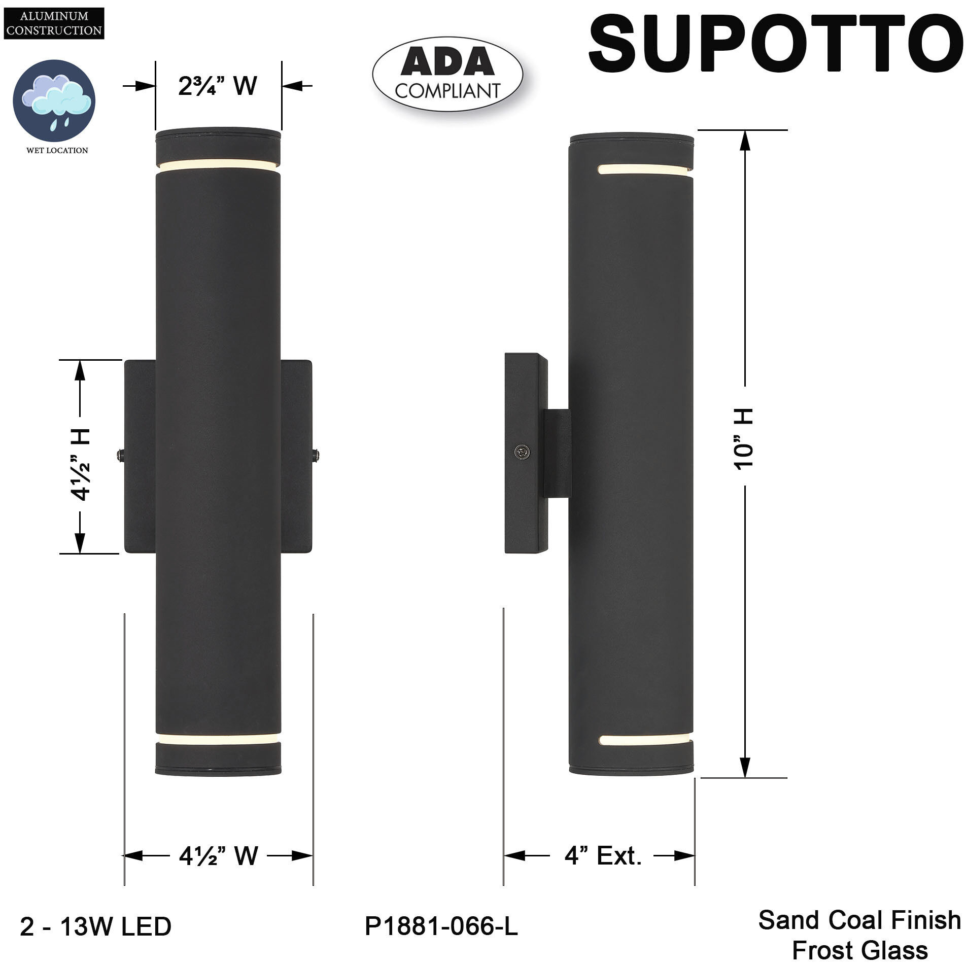 Supotto LED 14 inch Sand Coal Outdoor Wall Mount